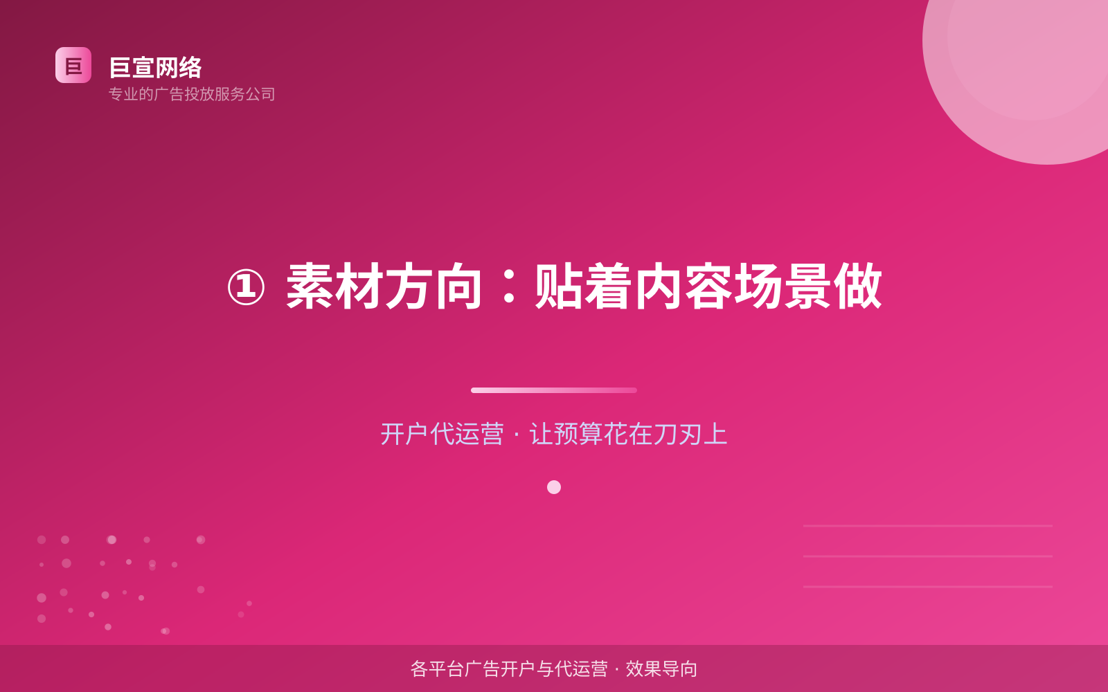 ① 素材方向:贴着内容场景做(效果数据维度) ① 素材方向:贴着内容场景做(效果数据维度)